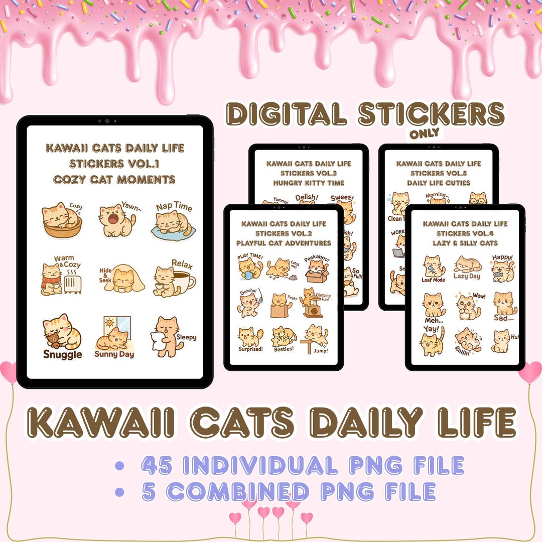 Kawaii Cat Stickers Bundle, 45 Cute Orange Tabby PNG, Goodnotes Sticker ...
