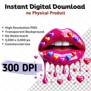 May include: A digital illustration of a pair of pink lips with a glossy finish. The lips are covered in colorful hearts and the gloss is dripping down. The background is transparent.