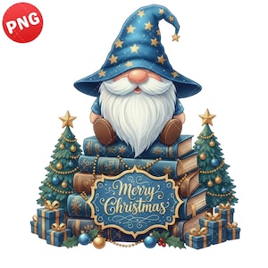 May include: A whimsical Christmas illustration featuring a gnome wearing a blue wizard hat adorned with gold stars. The gnome sits atop a stack of books, with Christmas trees and gifts. The words "Merry Christmas" are displayed on a blue sign.