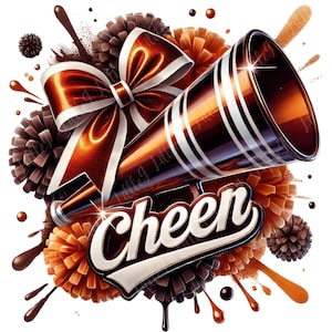 Cheer Brown Orange White, Cheer Megaphone, Cheer Coquette Bow, Cheerleading Design, Cheer Squad Watercolor PNG, Cheerleading PNG