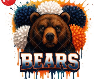 Cheer Bears Clipart, Navy Blue Orange White Pom Pom PNG, Bears Football Clipart, Animal Mascot, Football Game Day Design, Digital Download
