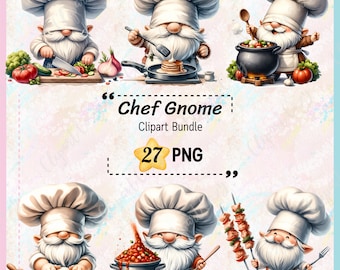 Paquete de 27 imágenes prediseñadas de Chef Gnome, imágenes prediseñadas de gnomo, gnomo cocinero, fondo transparente PNG de gnomo, personaje culinario, uso comercial