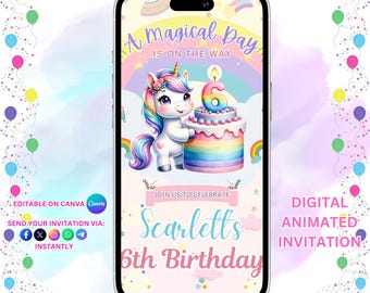 6th Birthday Unicorn Invitation, Editable Unicorn Template, 6th Unicorn Cake, Unicorn Party Invite, HBD Unicorn, Animated Greeting Invite