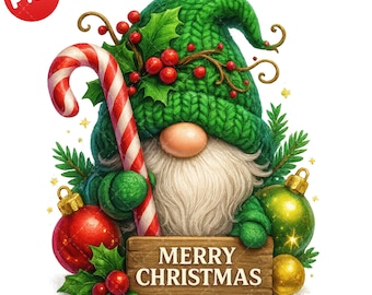 Gnomo navideño verde, Gnomo con bastón de caramelo PNG, Acuarela navideña, Gnomo navideño en sublimación, Descarga digital festiva