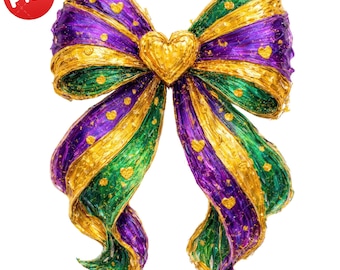 Lazo de Mardi Gras con empasto PNG, lazo morado, verde y dorado, cinta de Mardi Gras, arte de lazo de carnaval, decoración del Martes de Carnaval, descarga digital festiva