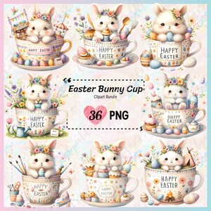 Puede incluir: Un conjunto de 36 imágenes de clipart digitales con adorables conejos en tazas de té decoradas con temas de Pascua. Los conejos llevan coronas de flores y las tazas de té tienen el texto "Feliz Pascua" en ellas.