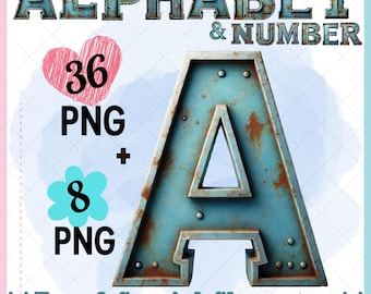 May include: A set of 36 alphabet and number PNG images with a rusty metal look. The letter A is shown in blue with a rusty brown border. The text "Free 8 Special Characters" is also included.