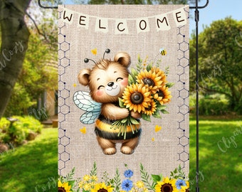 Diseño de sublimación de bandera de jardín de 12 "x 18", bandera de jardín de bienvenida del oso abejorro, oso lindo, decoración del jardín, letrero de bienvenida, bandera del jardín del oso lindo