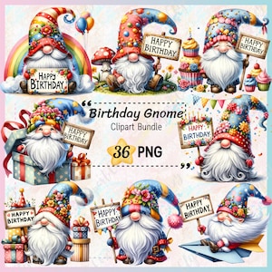 36 verjaardag Gnome clipart bundel, verjaardag clipart, Gnome PNG transparante achtergrond, aquarel Gnome kunst, wenskaart, commercieel gebruikt
