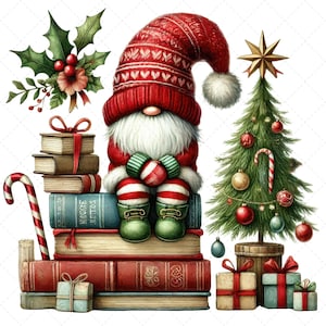 Gnomo navideño con libros, decoración navideña, arte digital festivo, manualidades e invitaciones, descarga instantánea, gnomo PNG, amantes de los gnomos