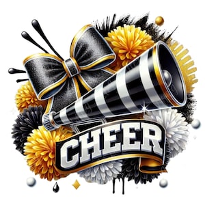 Könnte beinhalten: Ein schwarz-weiß gestreiftes Megafon mit einer schwarzen Schleife und goldenen und weißen Pompons. Auf dem Megafon steht das Wort "CHEER" auf einem goldenen Band.