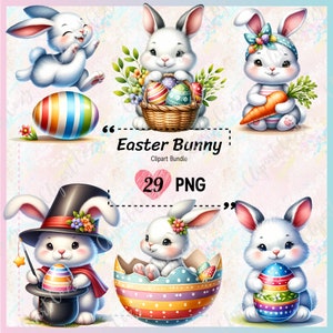 29 Easter Bunny clipart bundle, Easter clipart, Bunny PNG transparent background, Watercolor Clipart, Sublimation, Commercial Used
