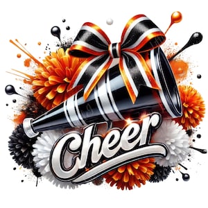 Cheer Orange Black White, Cheer Megaphone, Cheer Coquette Bow, Cheerleading Design, Cheer Squad Watercolor PNG, Cheerleading PNG