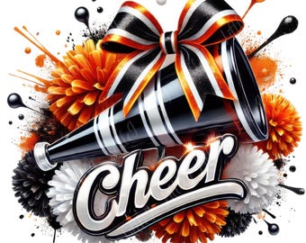 Cheer Orange Black White, Cheer Megaphone, Cheer Coquette Bow, Cheerleading Design, Cheer Squad Watercolor PNG, Cheerleading PNG