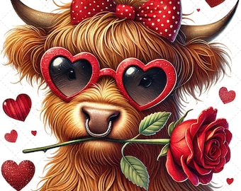 Vaca de las Tierras Altas de San Valentín, PNG de San Valentín, Día de San Valentín, Diseño romántico, Corazón de San Valentín, Vaca linda con rosa, Arte de sublimación
