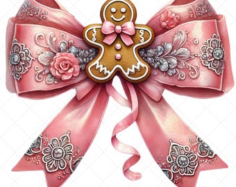 Kerstcocktailstrik png, kerstpng, roze kerst, kerststrik, kerstsublimatie, peperkoekstrik png, girly kerstontwerp