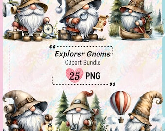 Paquete de 25 imágenes prediseñadas de gnomos exploradores, imágenes prediseñadas de gnomos, fondo transparente PNG de gnomos, imágenes prediseñadas de acuarela, arte de gnomos al aire libre, uso comercial
