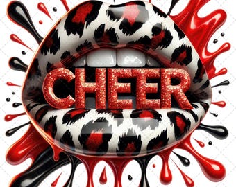 CHEER Red Black White PNG, Cheer Dripping Lip PNG, Cheerleading Digital Download, Cheerleading Design, Cheer Squad, Leopard Cheerleading