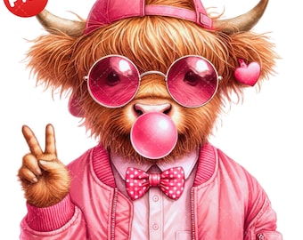 Vaca de las Tierras Altas de San Valentín PNG, Clipart de Vaca de las Tierras Altas Linda, Vaca Rosa Chicle, Arte Animal Amoroso, Descarga Digital de San Valentín