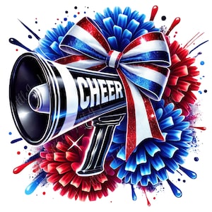Cheer Royal Blue Red white, Cheer Megaphone, Cheer Coquette Bow, Cheerleading Design, Cheer Squad Watercolor PNG, Cheerleading PNG