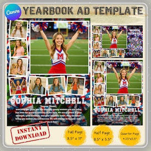 May include: Yearbook ad template with a cheerleader in a red, white, and blue uniform. The template includes photos, text, and pom-poms. The text reads "Sophia Mitchell" and "Instant Download". The ad sizes are 8.5" x 11", 8.5" x 5.5", and 4.25" x 5.5".