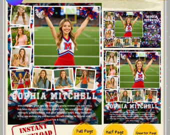 May include: Yearbook ad template with a cheerleader in a red, white, and blue uniform. The template includes photos, text, and pom-poms. The text reads "Sophia Mitchell" and "Instant Download". The ad sizes are 8.5" x 11", 8.5" x 5.5", and 4.25" x 5.5".