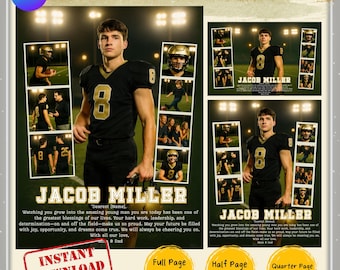 Plantilla de anuncio para el anuario de último año, Plantilla de anuncio para el anuario de fútbol americano, Plantilla de anuncio para último año, Plantilla deportiva Black Gold, Homenaje a la graduación, Foto de atleta
