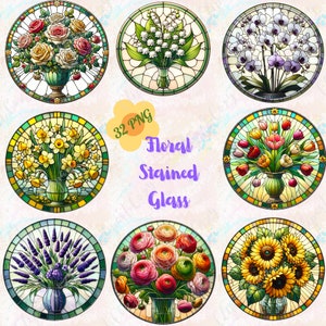 May include: Set of 32 digital images featuring floral stained glass designs. Each image depicts a different type of flower in a round stained glass frame. The flowers include roses, lilies of the valley, orchids, daffodils, tulips, lavender, ranunculus, and sunflowers.