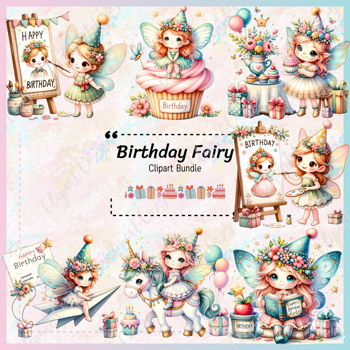 Birthday Fairy Clipart Bundle: Watercolor PNG Graphics (35 Files ...