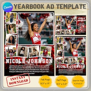 May include: Yearbook ad template with a cheerleader in a red and white uniform, holding pom-poms. The design incorporates multiple photos, the name "Nicole Johnson", and text. Available in full, half, and quarter page sizes.