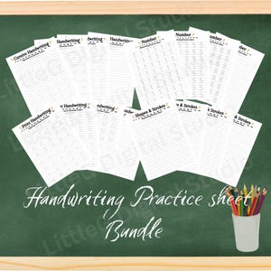 May include: A set of printable handwriting practice sheets for children. The sheets include cursive, print, number, and shapes and strokes practice. The sheets are on a green chalkboard background with colourful pencils in a cup.
