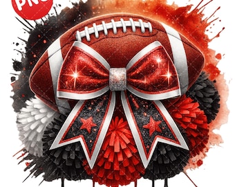 Football Cheer Bow PNG, Red Black White Cheerleading Clipart, Red Glitter Bow Football, Game Day Spirit PNG, Pom Pom Cheer Squad Art