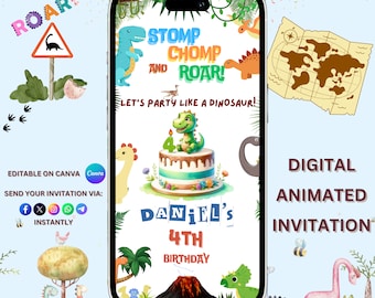 Animated 4TH Birthday Dinosaur Video Invitation, Editable Dinosaur, 4th Birthday Boy, 4TH T-REX Birthday Cake, Dino Party Invite, HBD Dino