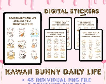 Pegatinas digitales de conejito kawaii: 45 adorables conejos PNG, pegatinas digitales PNG, pegatinas de Goodnotes, pegatinas pastel para agenda, pegatinas imprimibles