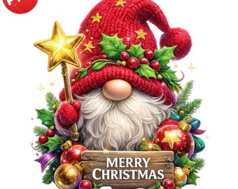 Red Christmas Gnome Clipart, Cute Gnome with Star Wand PNG, Merry Christmas Watercolor, Holiday Sublimation Art, Festive Digital Download