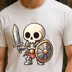 Skeletal Warrior T-Shirt | Cute Chibi Undead Fighter DND Tee | Fantasy Monster RPG Shirt | Fun Gift for Dungeons & Dragons Fans