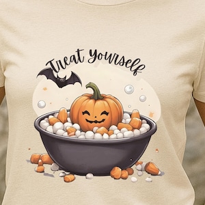 Halloween Pumpkin Treat Yourself T-Shirt Cute Bat Candy Corn Design Fall Apparel Fun Graphic Tee for Halloween Lovers - T Shirt