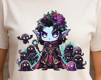 Camiseta Dark Elf Necromancer | Camiseta fofa Chibi Undead Summoner DND | Camiseta Fantasy Magic Villain RPG | Presente divertido para fãs de Dungeons & Dragons