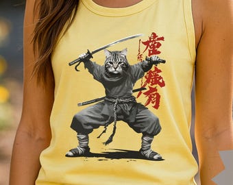 Ninja Cat Tank Top – Funny Samurai Graphic Tee, Cat Lover Gift