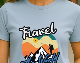 Camiseta de aventura de senderismo para viajar por el mundo, camiseta gráfica de montaña vintage, ropa de exploración al aire libre para viajeros y aventureros.