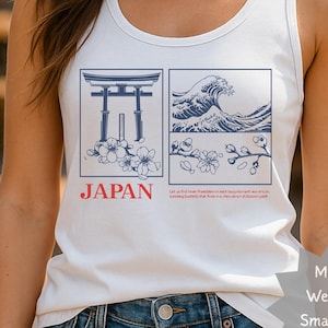 Japan Inspired Tank Top | Torii Gate, Great Wave, Cherry Blossom Art | Minimalist Japanese Culture Shirt | Zen Aesthetic Top