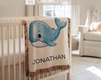 Personalized whale baby blanket, custom name woven blanket, ocean nursery gift, cute whale kids blanket
