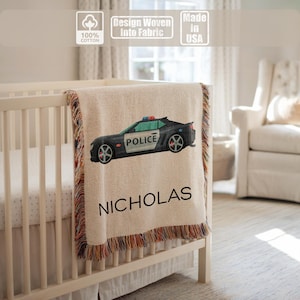 Couverture personnalisée pour bébé voiture de police, couverture tissée avec nom personnalisé, cadeau pour chambre d&#39;enfant véhicule, jolie couverture pour enfants voiture de police