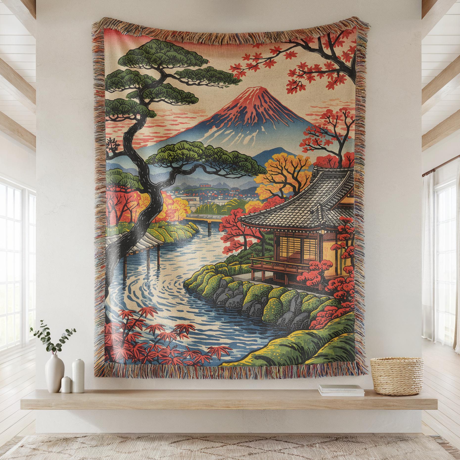 Japanese Landscape Woven Blanket, Serene Mountain and Garden Art