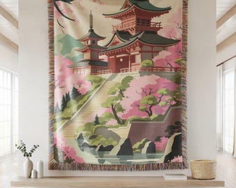 Japansk tempelvävd filt, naturskönt överkast med körsbärsblommor, asiatisk inredning