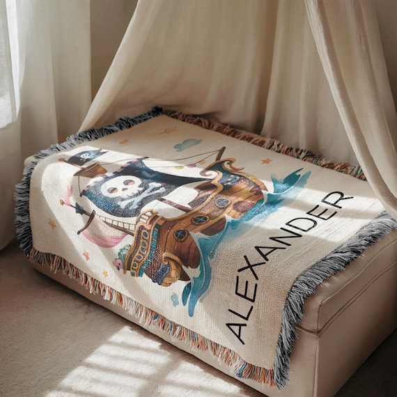 Personalized Pirate Ship Baby Blanket, Custom Name Woven Blanket