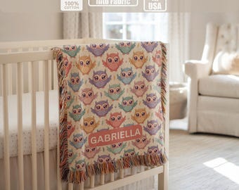 Personalized owl baby blanket, custom name woven blanket, woodland nursery gift, cute owl kids blanket