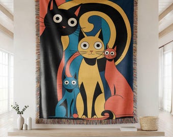 Bunte Katzen Webdecke, Pop Art Kitty Überwurf, Haustierliebhaber Dekor