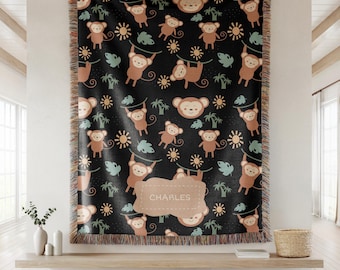 Personalized Monkey Woven Blanket, Safari Nursery Decor