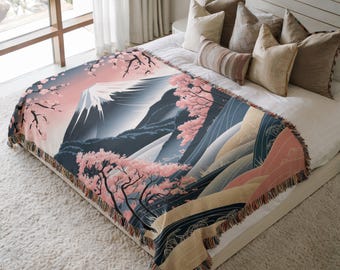 Manta tejida del Monte Fuji, manta de arte japonés con flores de cerezo, decoración paisajística para el hogar.